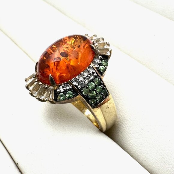 Amber Emerald Multi Gemstone Gold Over Sterling Silver Ring Size 7.5 - Picture 2 of 3